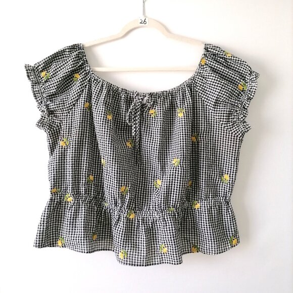 Forever 21 Womens Black White Gingham Off-Shoulder Embroidered Crop Top Size 2X - Picture 1 of 8